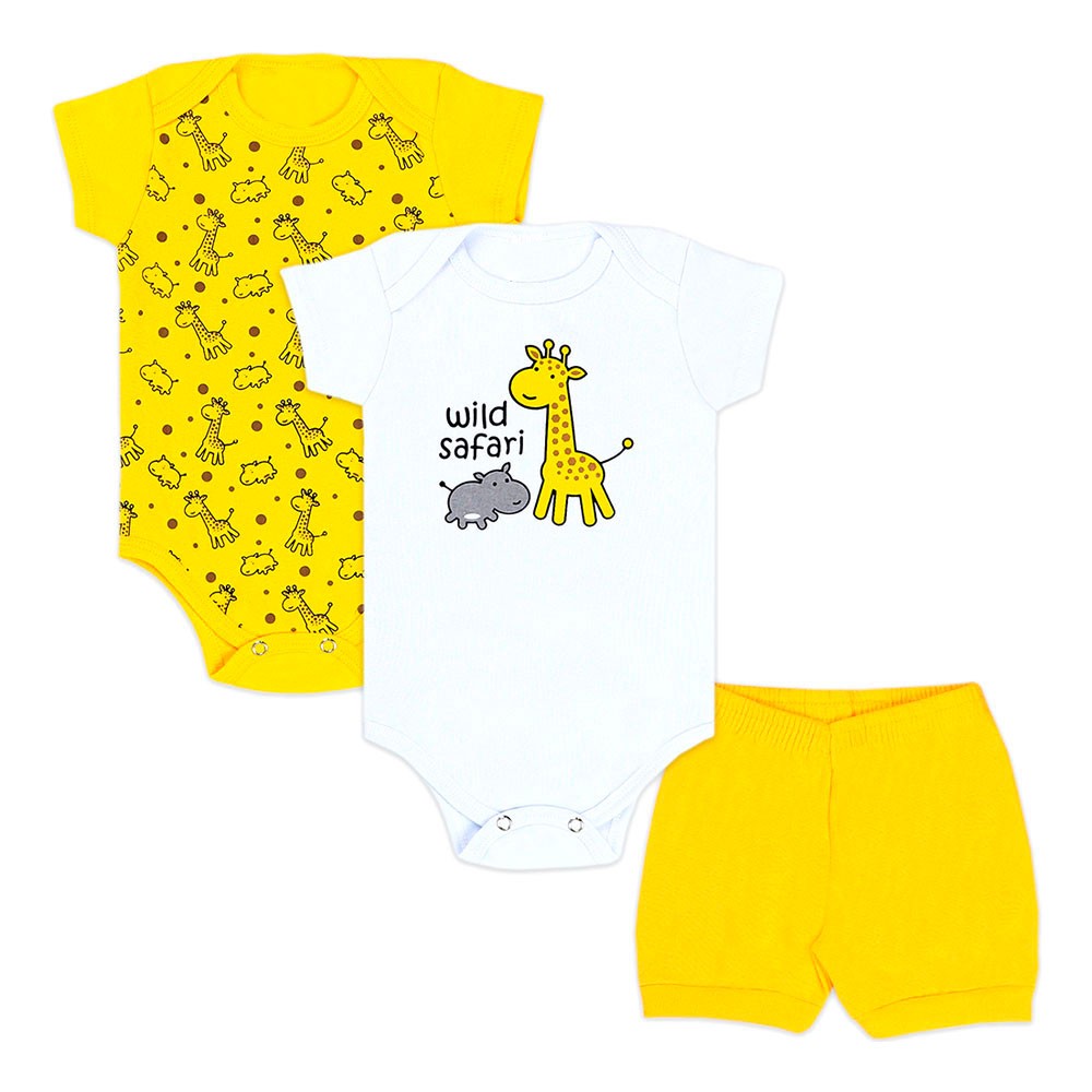 Mountain impact Country Kit Bebê Body Shorts Amarelo Branco Girafa | Bebê Fofuxo