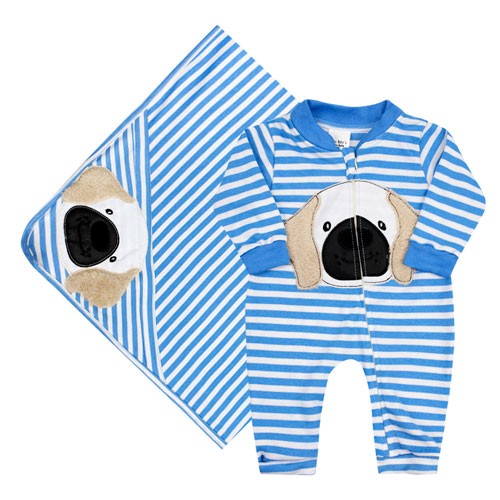 Kit Saída Maternidade Bebê Masculino Macacão sem Pé Manta Azul Listrado Cachorro (RN/P) - Manu Baby - Tamanho P - Azul,Branco