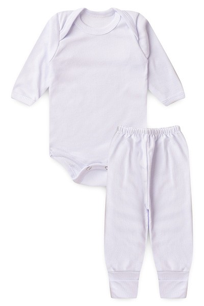 Conjunto Pagão Bebê Body Longo e Mijão Vira-Pé Canelado Branco (RN/P/M/G) - Top Chot - Tamanho RN - Branco