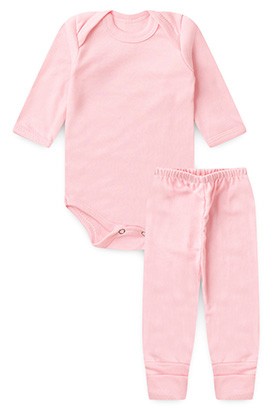 Conjunto Pagão Bebê Feminino Body Longo e Mijão Vira-Pé Canelado Rosa (RN/P/M/G) - Top Chot