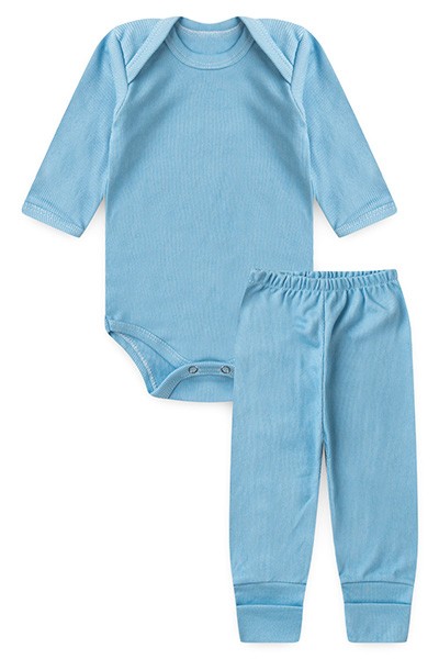 Conjunto Pagão Bebê Masculino Body Longo e Mijão Vira-Pé Canelado Azul (RN/P/M/G) - Top Chot - Tamanho RN - Azul
