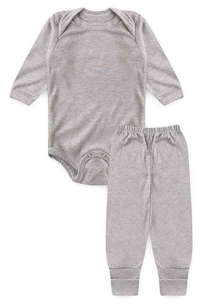 Conjunto Pagão Bebê Body Longo e Mijão Vira-Pé Canelado Mescla (RN/P/M/G) - Top Chot - Tamanho P - Mescla