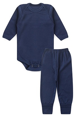 Conjunto Pagão Bebê Body Longo e Mijão Vira-Pé Canelado Azul Marinho (RN/P/M/G) - Top Chot