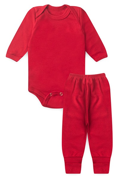 Conjunto Pagão Bebê Body Longo e Mijão Vira-Pé Canelado Vermelho (RN/P/M/G) - Top Chot - Tamanho RN - Vermelho