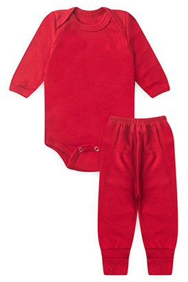 Conjunto Pagão Bebê Body Longo e Mijão Vira-Pé Canelado Vermelho (RN/P/M/G) - Top Chot