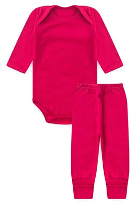 Conjunto Pagão Bebê Feminino Body Longo e Mijão Vira-Pé Canelado Pink (RN/P/M/G) - Top Chot
