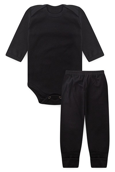 Conjunto Pagão Bebê Body Longo e Mijão Vira-Pé Canelado Preto (RN/P/M/G) - Top Chot - Tamanho G - Preto
