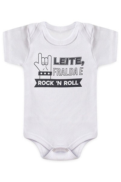 Body Bebê Manga Curta Suedine Branco Rock In Roll (RN/P/M/G) - Bebê Fofuxo - Tamanho RN - Branco
