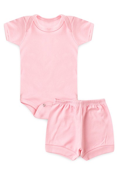 Conjunto Bebê Feminino Body Curto e Tapa Fralda Canelado Rosa (P/M/G) - Top Chot - Tamanho P - Rosa