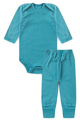 Conjunto Pagão Bebê Body Longo e Mijão Vira-Pé Canelado Azul Petróleo (RN/P/M/G) - Top Chot