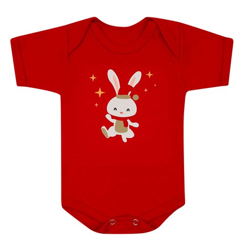 Body Bebê Manga Curta Suedine Vermelho Natal Coelhinho (RN/P/M/G) - Bebê Fofuxo - Tamanho M - Vermelho