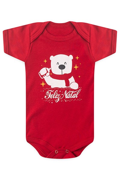 Body Bebê Manga Curta Suedine Vermelho Ursinho Natal (RN/P/M/G) - Bebê Fofuxo - Tamanho M - Vermelho