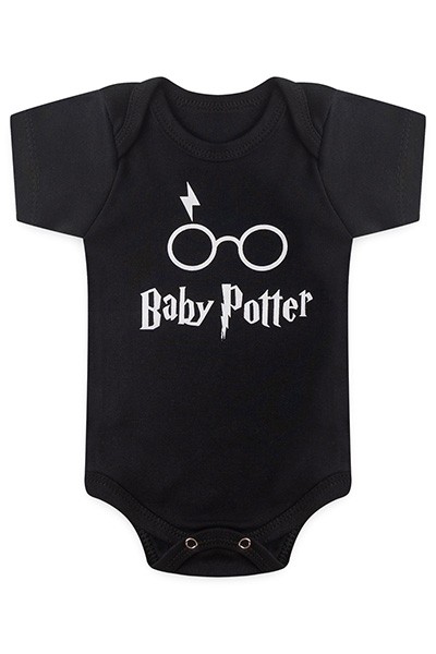 Body Bebê Manga Curta Suedine Preto Baby Potter (RN/P/M/G) - Bebê Fofuxo - Tamanho M - Preto