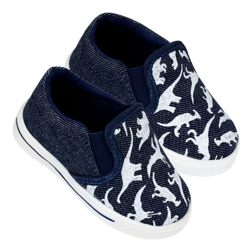 Tênis Infantil Slip-On Masculino Jeans Dinossauro (20 ao 27) - Linda Jú - Tamanho 26 - Jeans,Azul