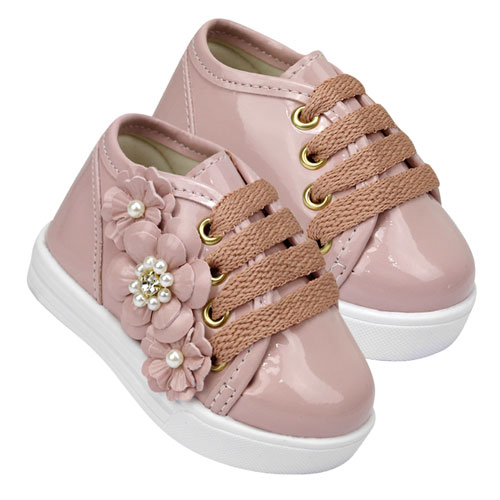 Tênis Bebê Feminino Flores com Pérolas Rosê (16 ao 22) - Bebê Fofuxo - Tamanho 19 - Rosê