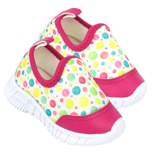 Tênis Infantil Feminino Calce Fácil Off White e Pink Bolinhas Coloridas (20 ao 27) - Bebê Fofuxo - Tamanho 23 - Off White,Pink