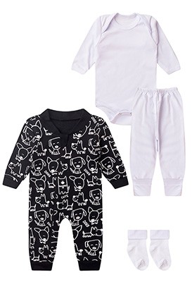 Kit Bebê (4 Peças) Macacão, Body, Mijão e Meia (RN/P/M/G) - Bebê Fofuxo