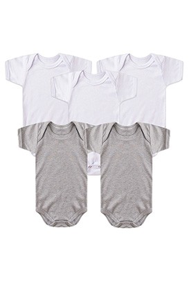 Kit Bebê (5 Peças) Body Canelado Branco e Mescla Manga Curta (RN/P/M/G) - Bebê Fofuxo