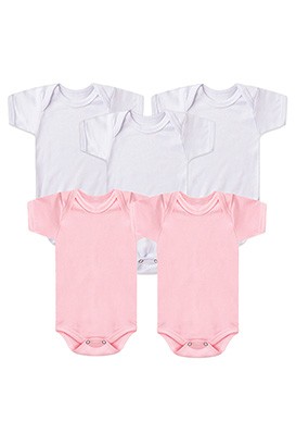 Kit Bebê Feminino (5 Peças) Body Canelado Branco e Rosa Manga Curta (RN/P/M/G) - Bebê Fofuxo