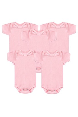 Kit Bebê Feminino (5 Peças) Body Canelado Rosa Manga Curta (RN/P/M/G) - Bebê Fofuxo