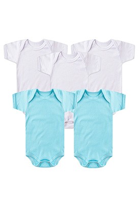 Kit Bebê (5 Peças) Body Canelado Branco e Turquesa Manga Curta (RN/P/M/G) - Bebê Fofuxo