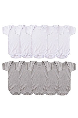 Kit Bebê (10 Peças) Body Canelado Branco e Mescla Manga Curta (RN/P/M/G) - Bebê Fofuxo