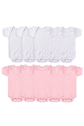 Kit Bebê Feminino (10 Peças) Body Canelado Branco e Rosa Manga Curta (RN/P/M/G) - Bebê Fofuxo