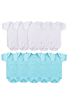 Kit Bebê (10 Peças) Body Canelado Branco e Turquesa Manga Curta (RN/P/M/G) - Bebê Fofuxo
