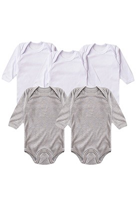 Kit Bebê (5 Peças) Body Canelado Branco e Mescla Manga Longa (RN/P/M/G) - Bebê Fofuxo