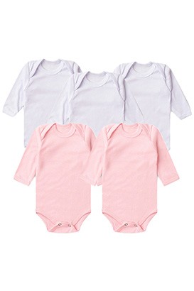 Kit Beb� Feminino (5 Pe�as) Body Canelado Branco e Rosa Manga Longa (RN/P/M/G) - Beb� Fofuxo