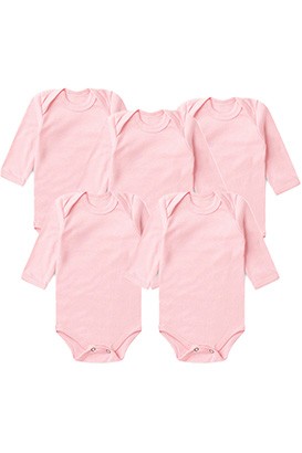 Kit Bebê Feminino (5 Peças) Body Canelado Rosa Manga Longa (RN/P/M/G) - Bebê Fofuxo