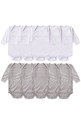Kit Bebê (10 Peças) Body Canelado Branco e Mescla Manga Longa (RN/P/M/G) - Bebê Fofuxo