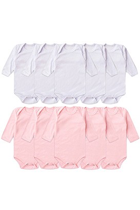 Kit Bebê Feminino (10 Peças) Body Canelado Branco e Rosa Manga Longa (RN/P/M/G) - Bebê Fofuxo