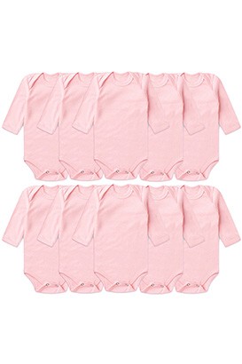 Kit Bebê Feminino (10 Peças) Body Canelado Rosa Manga Longa (RN/P/M/G) - Bebê Fofuxo
