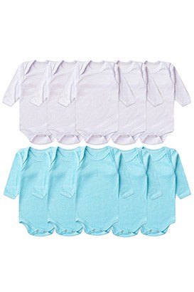 Kit Bebê (10 Peças) Body Canelado Branco e Turquesa Manga Longa (RN/P/M/G) - Bebê Fofuxo