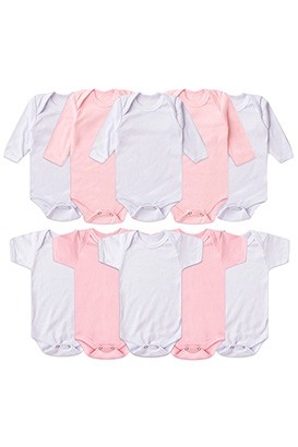 Kit Bebê (10 Peças) Body Canelado Manga Curta e Manga Longa Branco e Rosa (RN/P/M/G) - Bebê Fofuxo
