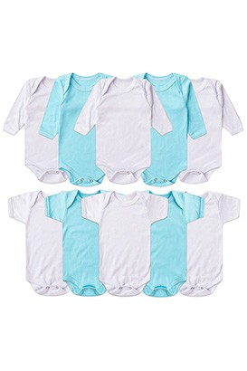 Kit Bebê (10 Peças) Body Canelado Manga Curta e Manga Longa Branco e Azul (RN/P/M/G) - Bebê Fofuxo