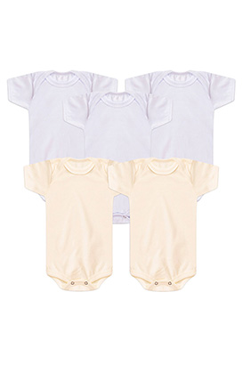 Kit Bebê (5 Peças) Body Meia Malha Branco e Creme Manga Curta (RN/P/M/G) - Bebê Fofuxo