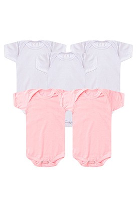 Kit Beb� (5 Pe�as) Body Meia Malha Branco e Rosa Manga Curta (RN/P/M/G) - Beb� Fofuxo
