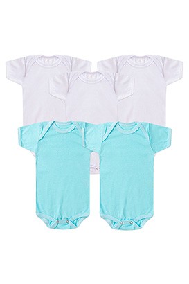 Kit Bebê (5 Peças) Body Meia Malha Branco e Turquesa Manga Curta (RN/P/M/G) - Bebê Fofuxo