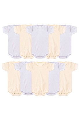 Kit Bebê (10 Peças) Body Meia Malha Branco e Creme Manga Curta (RN/P/M/G) - Bebê Fofuxo