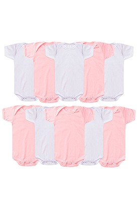 Kit Beb� (10 Pe�as) Body Meia Malha Branco e Rosa Manga Curta (RN/P/M/G) - Beb� Fofuxo