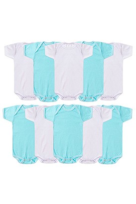 Kit Beb� (10 Pe�as) Body Meia Malha Branco e Turquesa Manga Curta (RN/P/M/G) - Beb� Fofuxo