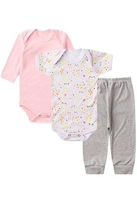Kit Bebê (3 Peças) Body Nuvem, Body Longo Rosa e Mijão sem Pé Mescla (RN/P/M/G) - Bebê Fofuxo