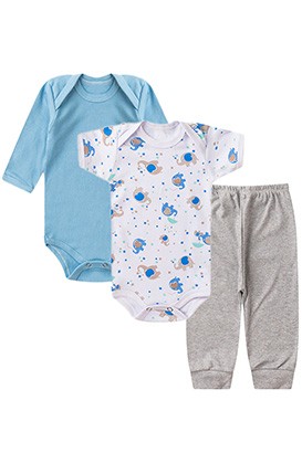 Kit Beb� (3 Pe�as) Body Elefante, Body Longo Azul e Mij�o sem P� Mescla (RN/P/M/G) - Beb� Fofuxo