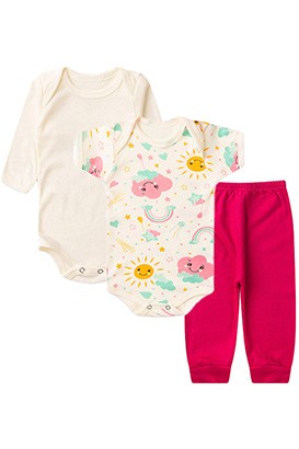 Kit Bebê (3 Peças) Body Solzinho, Body Longo Creme e Calça sem Pé Pink (RN/P/M/G) - Bebê Fofuxo