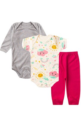 Kit Bebê (3 Peças) Body Solzinho, Body Longo Mescla e Calça sem Pé Pink (RN/P/M/G) - Bebê Fofuxo