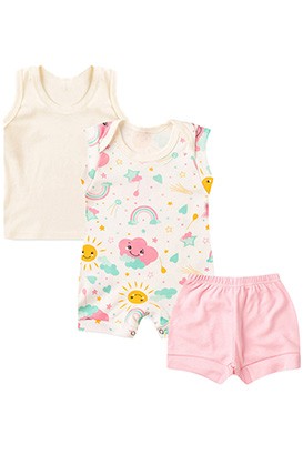 Kit Bebê (3 Peças) Banho de Sol Off White, Camiseta Regata e Tapa Fralda Rosa (P/M/G) - Bebê Fofuxo
