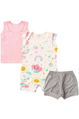 Kit Bebê (3 Peças) Banho de Sol Off White, Camiseta Regata e Tapa Fralda (P/M/G) - Bebê Fofuxo