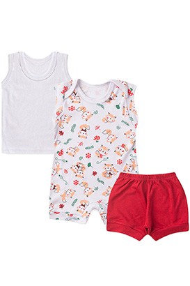 Kit Bebê (3 Peças) Banho de Sol Branco Raposa, Camiseta Regata e Tapa Fralda (P/M/G) - Bebê Fofuxo